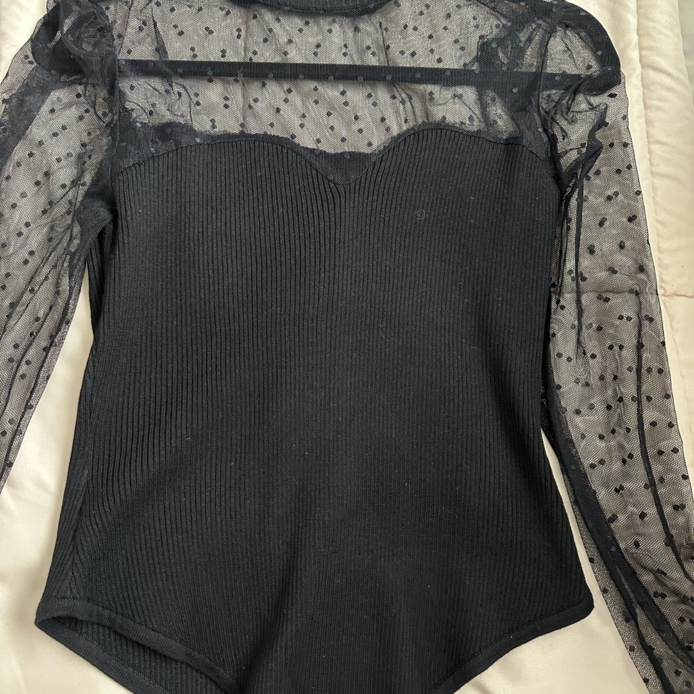 Almost Famous Black Sheer Dot Mesh Long Sleeve Bodysuit